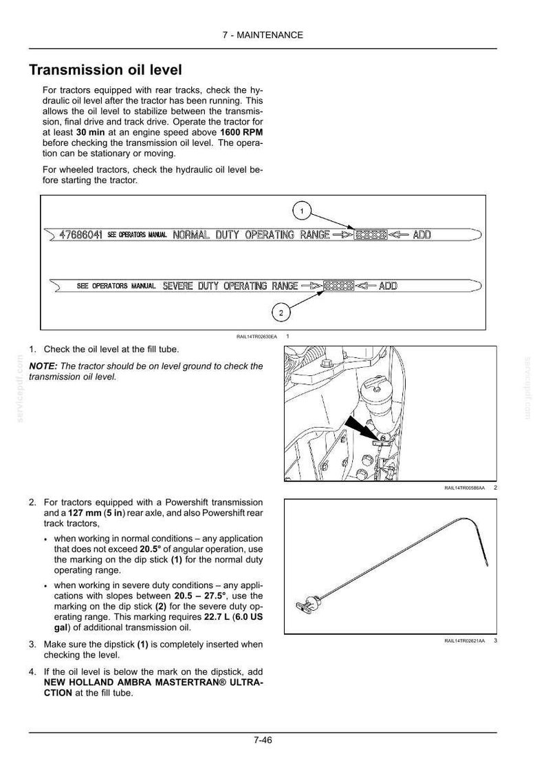 May include: A technical manual page titled 7-MAINTENANCE detailing transmission oil level procedures. It includes diagrams of a dipstick with NORMAL DUTY and SEVERE DUTY operating ranges, a fill tube location illustration, and a dipstick drawing.