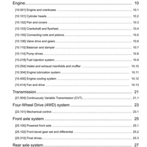 May include: A page from a manual titled "Contents" with a list of engine, transmission, and axle system components. The text is black on a white background, with page numbers on the right.