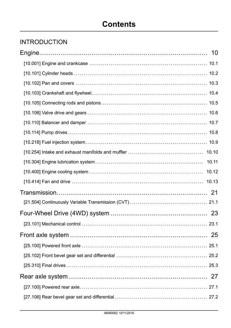 May include: A page from a manual titled "Contents" with a list of engine, transmission, and axle system components. The text is black on a white background, with page numbers on the right.