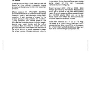 May include: A technical document page titled Section 3 - Drive Systems, detailing Hydrostatic Circuit Operation and Oil Supply. It explains hydraulic oil pressures, including charge pressure of 200-250 PSI and system pressure of 5500-6000 PSI.