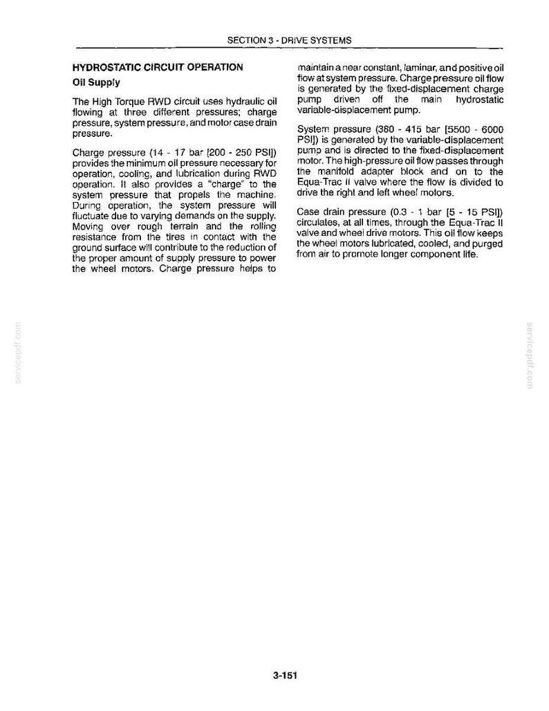 May include: A technical document page titled Section 3 - Drive Systems, detailing Hydrostatic Circuit Operation and Oil Supply. It explains hydraulic oil pressures, including charge pressure of 200-250 PSI and system pressure of 5500-6000 PSI.