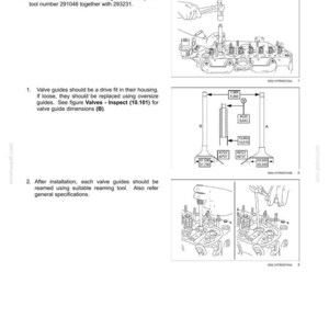 Puede incluir: Diagrama de culatas de motor con instrucciones de inspecci&oacute;n de gu&iacute;as de v&aacute;lvulas. Incluye ilustraciones de la extracci&oacute;n, instalaci&oacute;n y especificaciones dimensionales de las gu&iacute;as de v&aacute;lvulas. El texto incluye n&uacute;meros de herramientas y medidas en mil&iacute;metros.