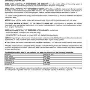 May include: Document with specifications for CASE AKCELA ACTIFULL&trade; OT EXTENDED LIFE COOLANT, including instructions for use, mixing ratios, and water quality guidelines. The text includes warnings about additives and water types.