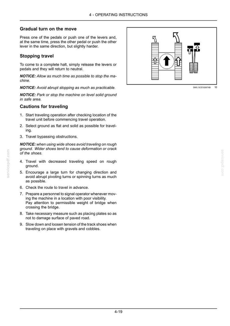 May include: Page from an instruction manual with the title "4 - OPERATING INSTRUCTIONS." The text describes operating procedures, including turning, stopping, and safety precautions. Diagrams illustrate machine controls and movements.