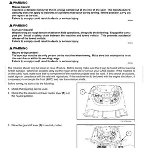 May include: Diagram from a manual showing steps for towing a machine. Includes warnings about misuse, transport hazards, and bystanders. Step 1 shows the direction-of-travel control lever, and step 2 shows the gearshift lever.