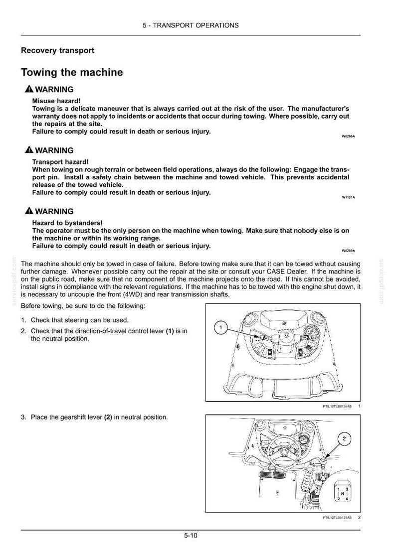 May include: Diagram from a manual showing steps for towing a machine. Includes warnings about misuse, transport hazards, and bystanders. Step 1 shows the direction-of-travel control lever, and step 2 shows the gearshift lever.