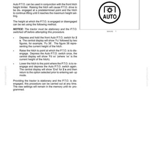 May include: A technical manual page titled 6-WORKING OPERATIONS detailing the AUTO P.T.O. OPERATION. It includes instructions for setting engagement heights for a tractor hitch and a circular icon featuring a gear symbol and the text AUTO.