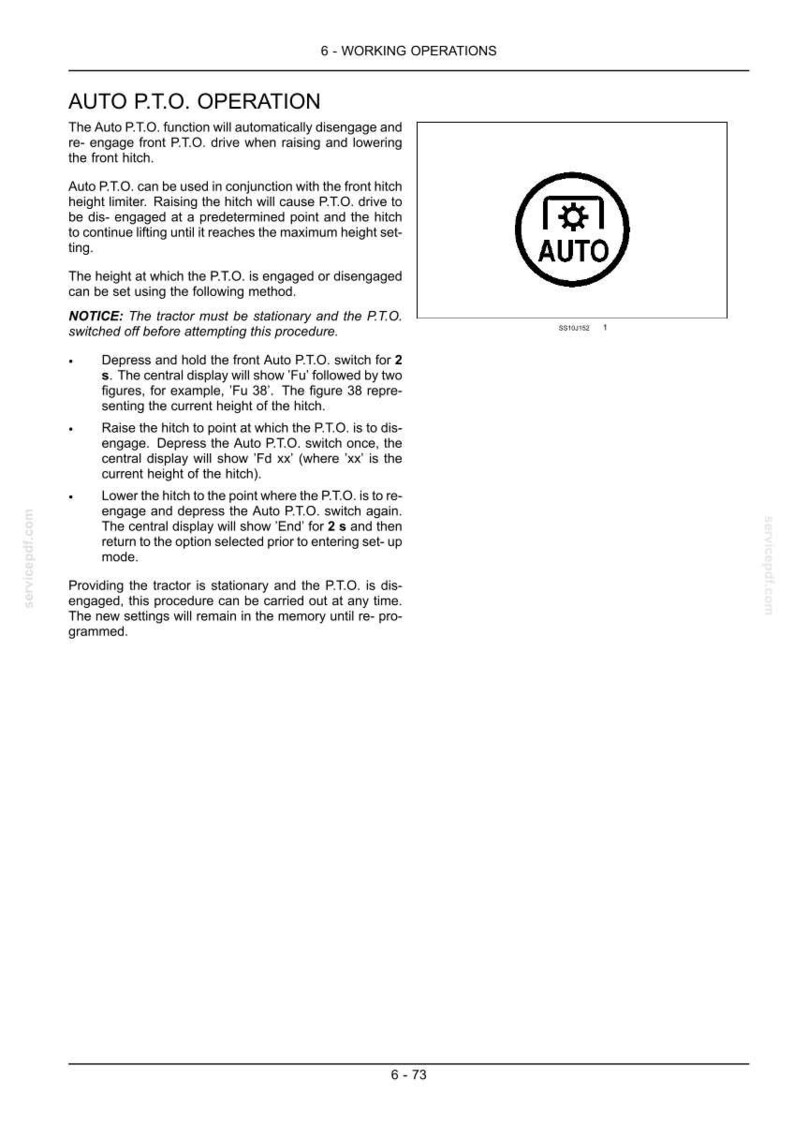 May include: A technical manual page titled 6-WORKING OPERATIONS detailing the AUTO P.T.O. OPERATION. It includes instructions for setting engagement heights for a tractor hitch and a circular icon featuring a gear symbol and the text AUTO.
