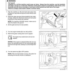 May include: Page from an operating manual with instructions for parking a machine. The text includes warnings about fall hazards and steps for parking the unit, with diagrams illustrating the process. The manual includes numbered steps and diagrams.