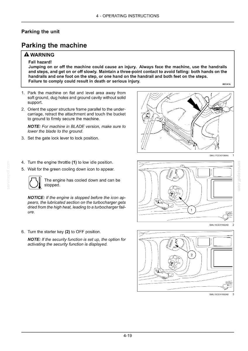 May include: Page from an operating manual with instructions for parking a machine. The text includes warnings about fall hazards and steps for parking the unit, with diagrams illustrating the process. The manual includes numbered steps and diagrams.