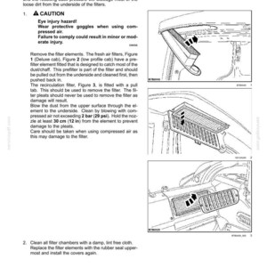 May include: Diagram of cab air filters cleaning instructions. Includes illustrations of filter components and steps for removal and cleaning. Text includes safety warnings and detailed procedures for maintenance.