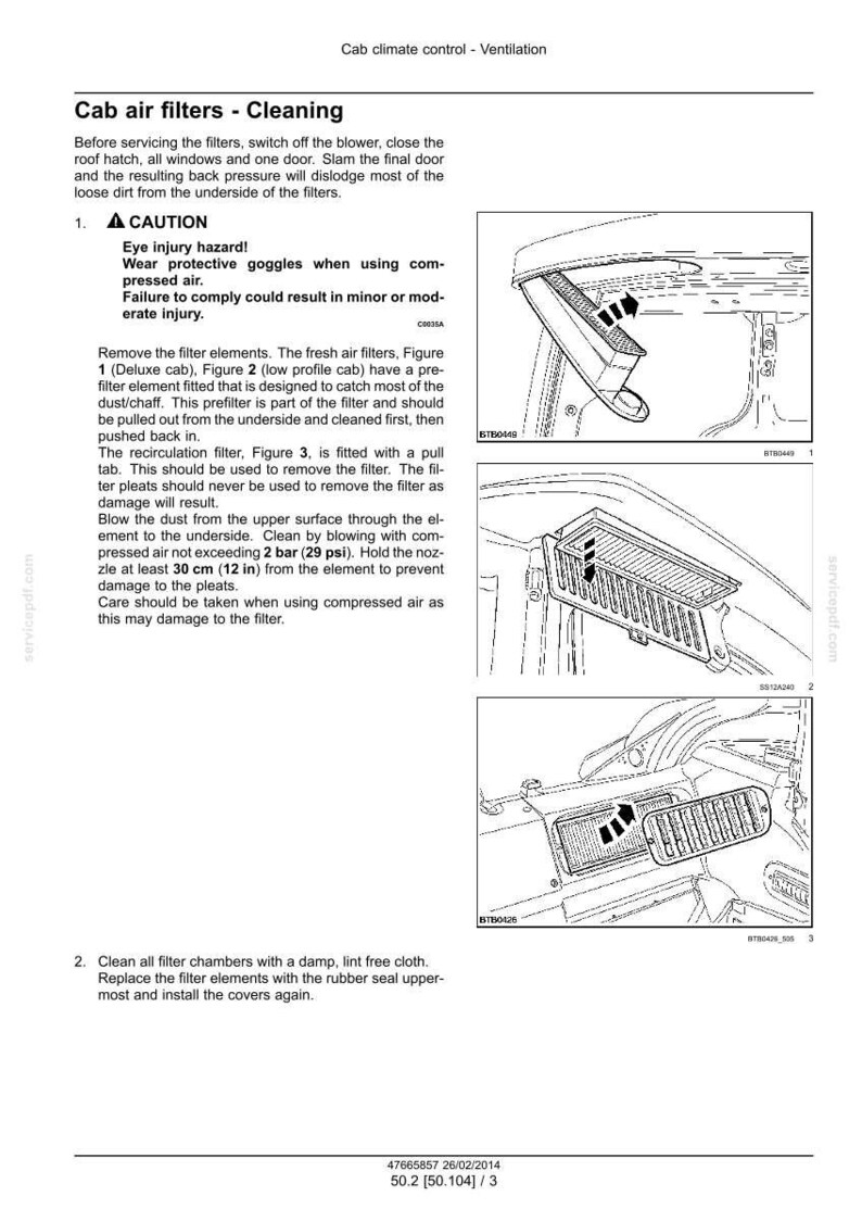 May include: Diagram of cab air filters cleaning instructions. Includes illustrations of filter components and steps for removal and cleaning. Text includes safety warnings and detailed procedures for maintenance.
