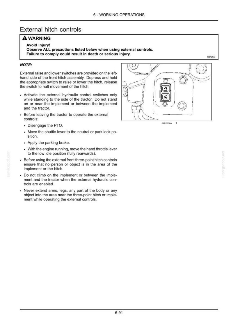 May include: A technical document page titled 6-WORKING OPERATIONS featuring External hitch controls. It includes a WARNING box, safety instructions, and a line drawing of a control panel with two buttons for raising and lowering a tractor hitch.