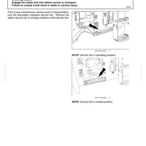 May include: A technical manual page titled 7-MAINTENANCE detailing the transport service link. It includes a warning about crushing hazards, instructions to engage the safety lock link, and two diagrams showing the link in operating and locked positions.