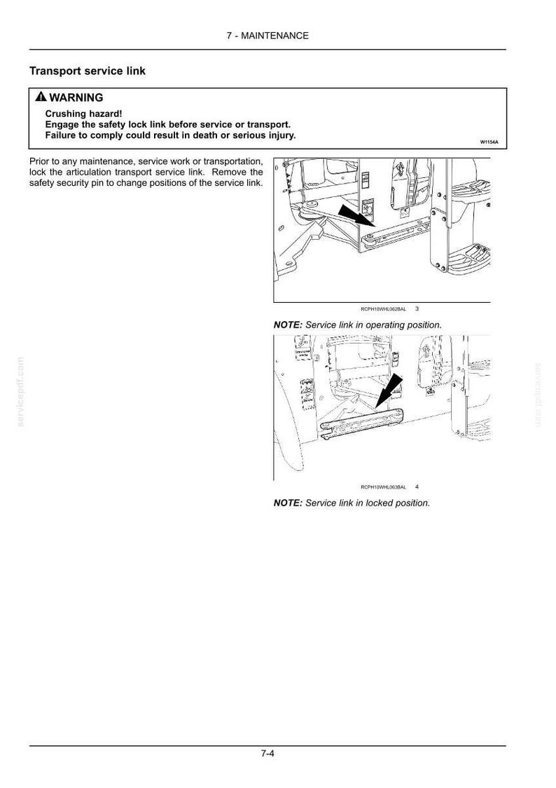 May include: A technical manual page titled 7-MAINTENANCE detailing the transport service link. It includes a warning about crushing hazards, instructions to engage the safety lock link, and two diagrams showing the link in operating and locked positions.