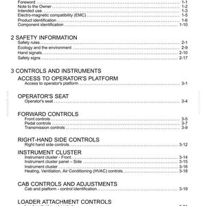 Op de afbeelding: Een wit document met de titel "Inhoud" met een lijst met onderwerpen en paginanummers. Secties omvatten Algemene informatie, Veiligheidsinformatie, Bediening en instrumenten en Laderbevestigingsbedieningen.