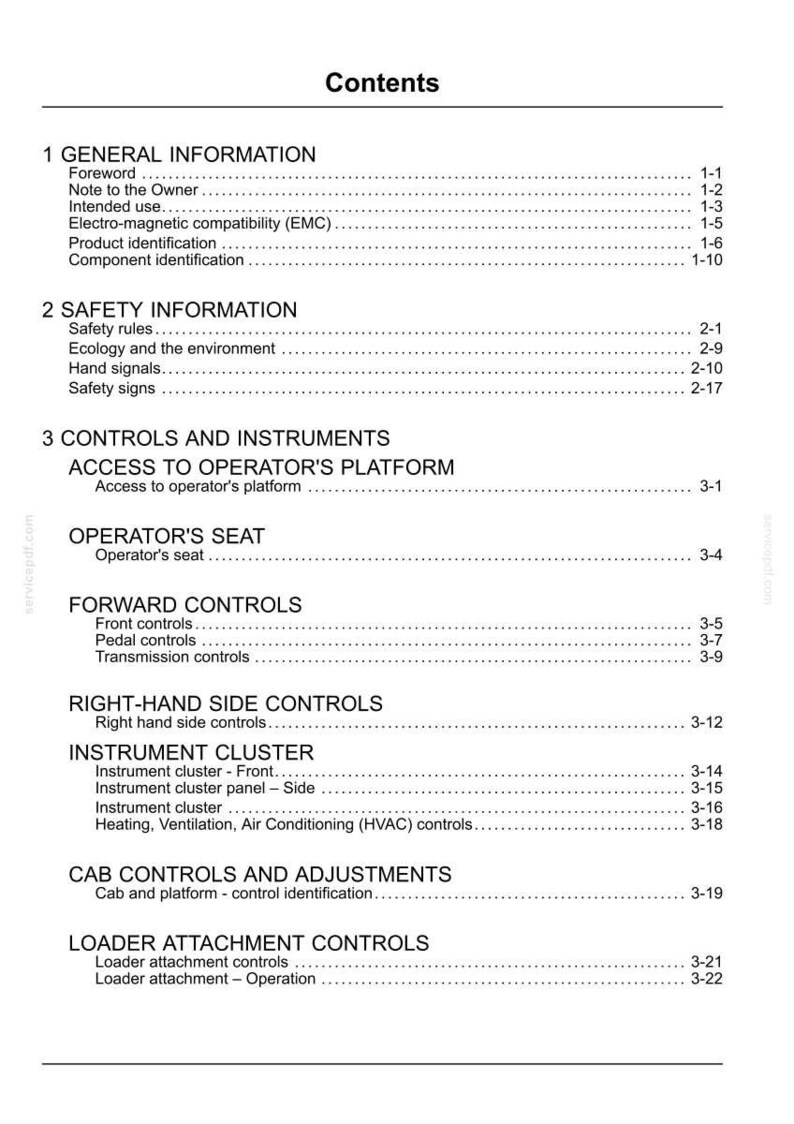 Op de afbeelding: Een wit document met de titel "Inhoud" met een lijst met onderwerpen en paginanummers. Secties omvatten Algemene informatie, Veiligheidsinformatie, Bediening en instrumenten en Laderbevestigingsbedieningen.