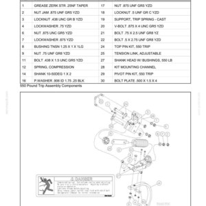 May include: A technical diagram labeled Section 6 - Trips and Openers, featuring a parts list and an exploded view of a 550 Pound Trip Assembly. The illustration displays various mechanical components including bolts, nuts, washers, springs, and a shank, with reference numbers corresponding to the provided table.