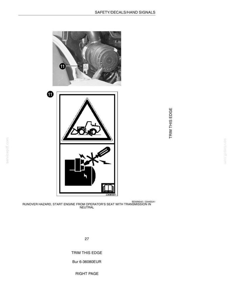 May include: A black and white diagram with safety decals and hand signals. The image includes a warning triangle with a tractor symbol and a symbol of a person starting an engine. Text includes "Runover Hazard" and "Trim This Edge."