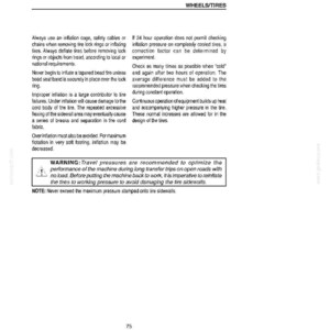 Puede incluir: Una p&aacute;gina de manual titulada "RUEDAS/NEUM&Aacute;TICOS" con instrucciones de seguridad para el inflado y el mantenimiento de los neum&aacute;ticos. El texto incluye advertencias sobre el inflado excesivo y el inflado insuficiente, y recomendaciones para las presiones de viaje.