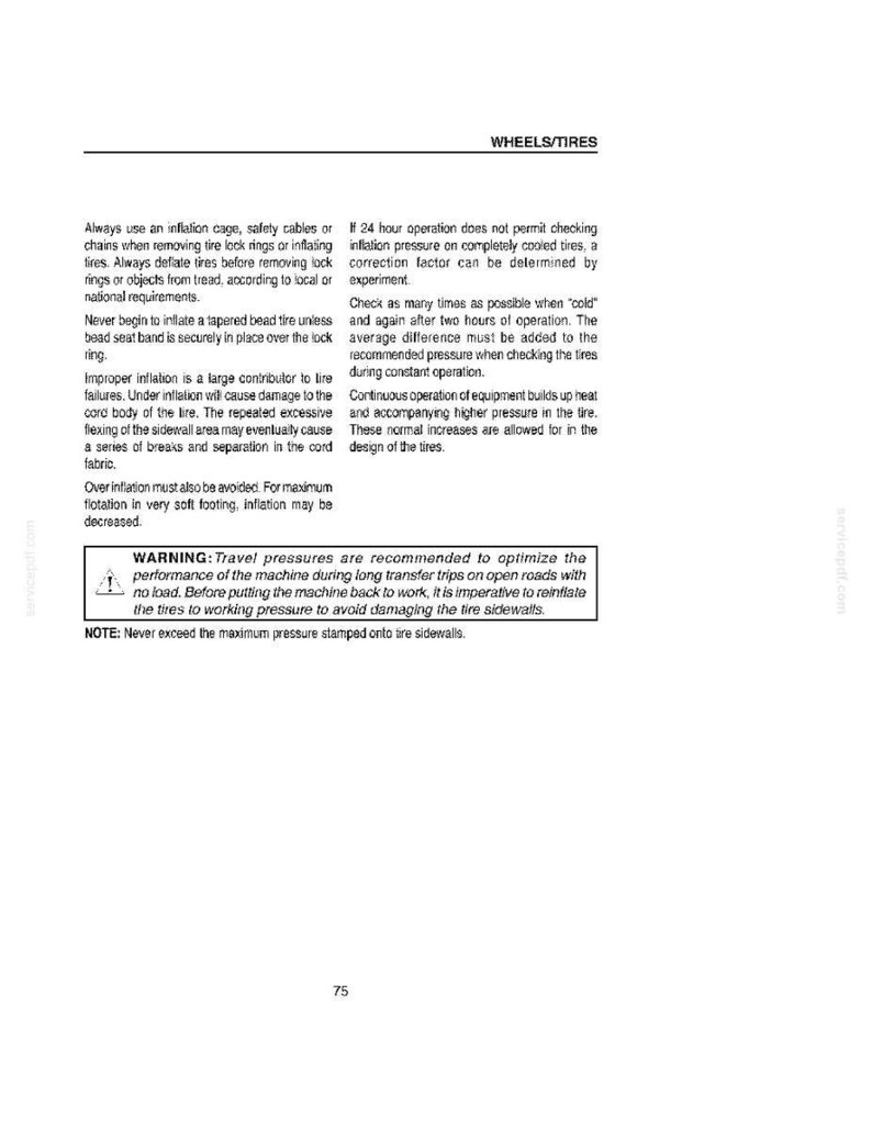 Puede incluir: Una p&aacute;gina de manual titulada "RUEDAS/NEUM&Aacute;TICOS" con instrucciones de seguridad para el inflado y el mantenimiento de los neum&aacute;ticos. El texto incluye advertencias sobre el inflado excesivo y el inflado insuficiente, y recomendaciones para las presiones de viaje.