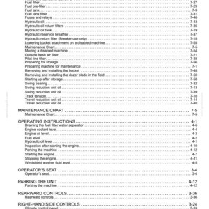 May include: A black and white table of contents page from a technical manual. The text lists maintenance and operating instructions for heavy machinery, including engine air filters, hydraulic oil, operator's seat, and right-hand side controls.