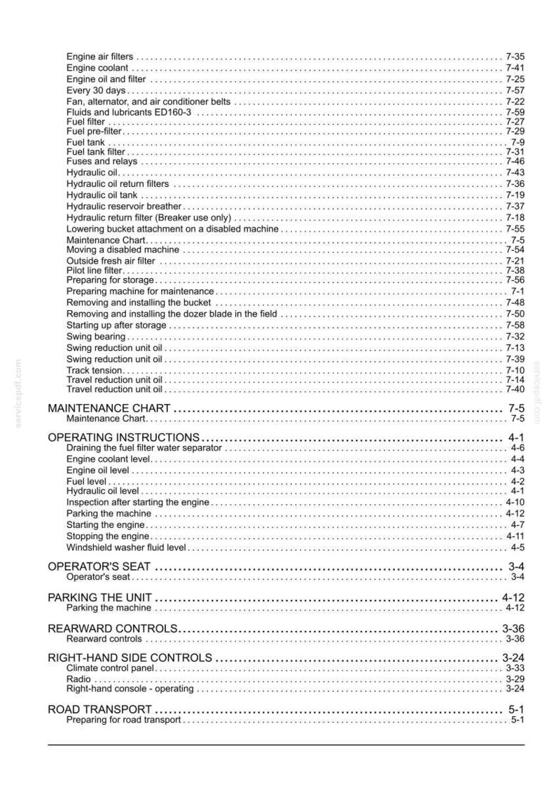May include: A black and white table of contents page from a technical manual. The text lists maintenance and operating instructions for heavy machinery, including engine air filters, hydraulic oil, operator's seat, and right-hand side controls.
