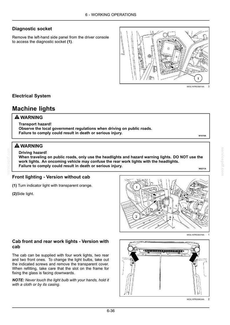 K&ouml;nnte beinhalten: Eine Seite aus einem technischen Handbuch mit dem Titel 6 - WORKING OPERATIONS, die Anweisungen f&uuml;r eine Diagnosebuchse und Maschinenleuchten enth&auml;lt. Sie zeigt drei schwarz-wei&szlig;e Strichzeichnungen von Fahrzeugkomponenten.