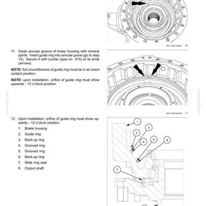 May include: Diagram of a front axle system, detailing the final drive hub, steering knuckles, and shafts. The image includes numbered components such as brake housing, guide ring, and output shaft, with arrows indicating assembly steps. Measurements are in inches.