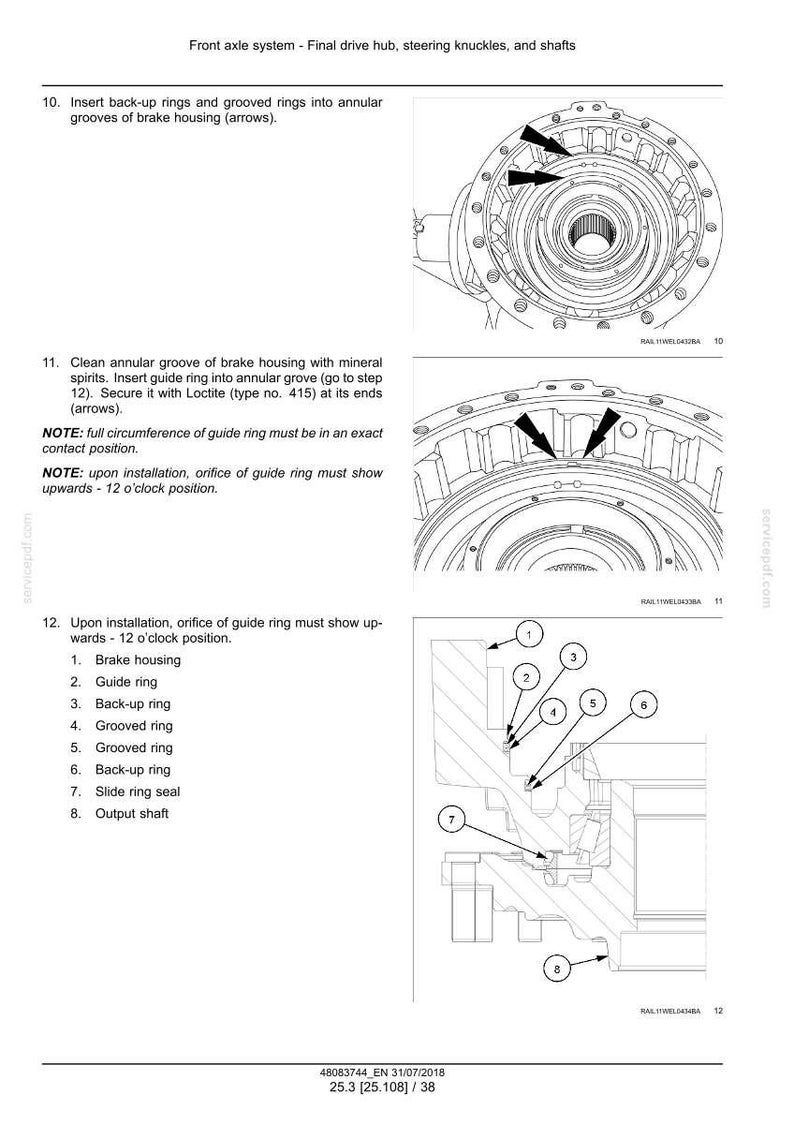 May include: Diagram of a front axle system, detailing the final drive hub, steering knuckles, and shafts. The image includes numbered components such as brake housing, guide ring, and output shaft, with arrows indicating assembly steps. Measurements are in inches.