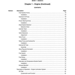 May include: A page from a manual titled "SECTION 10 - ENGINE" with a table of contents. The table lists engine components such as fuel injection pump, cylinder head, and oil filter, along with page numbers.