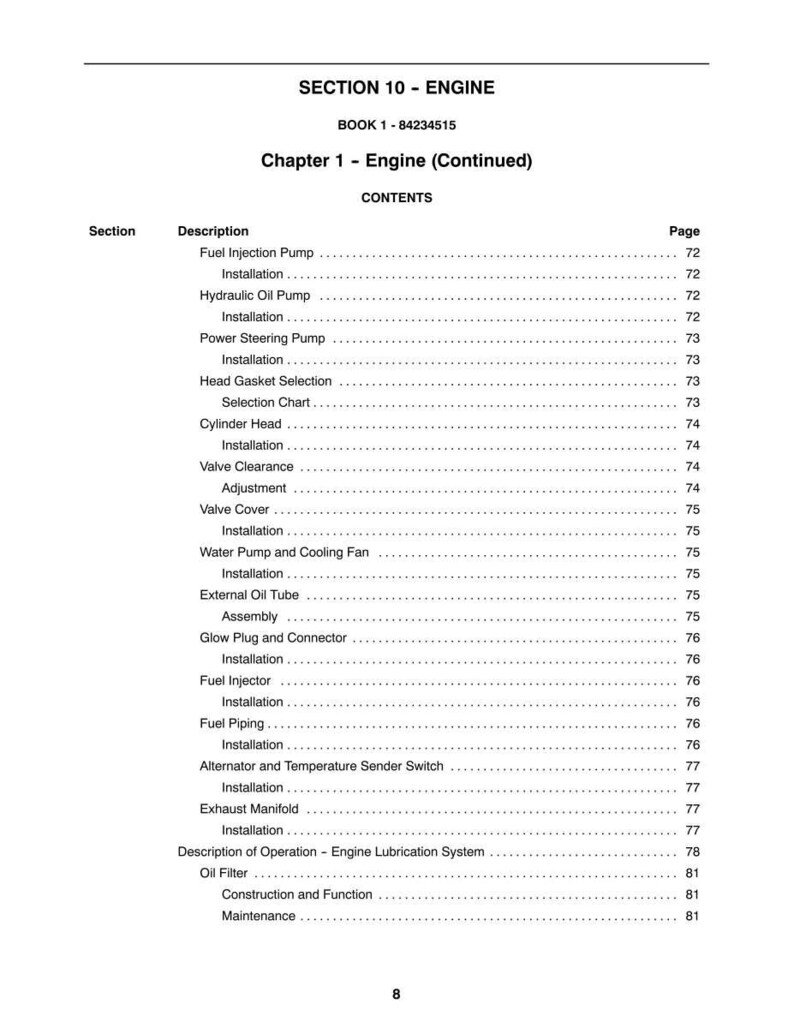 May include: A page from a manual titled "SECTION 10 - ENGINE" with a table of contents. The table lists engine components such as fuel injection pump, cylinder head, and oil filter, along with page numbers.