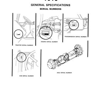 Puede incluir: Diagrama de una p&aacute;gina del manual de piezas del tractor. La p&aacute;gina incluye el t&iacute;tulo "Secci&oacute;n 1010" y el subt&iacute;tulo "Especificaciones generales N&uacute;meros de serie". El diagrama muestra ilustraciones de componentes del tractor con etiquetas para las ubicaciones de los n&uacute;meros de serie.
