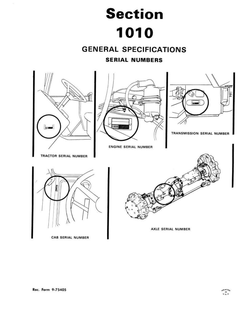 Puede incluir: Diagrama de una p&aacute;gina del manual de piezas del tractor. La p&aacute;gina incluye el t&iacute;tulo "Secci&oacute;n 1010" y el subt&iacute;tulo "Especificaciones generales N&uacute;meros de serie". El diagrama muestra ilustraciones de componentes del tractor con etiquetas para las ubicaciones de los n&uacute;meros de serie.