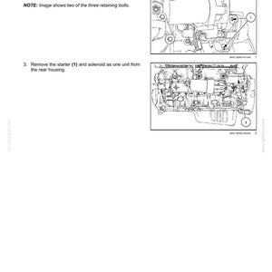 May include: Diagram of an engine starter removal procedure. The image includes detailed illustrations of the engine components, with labels and arrows pointing to specific parts. Text instructions accompany the diagrams, guiding the user through the process.