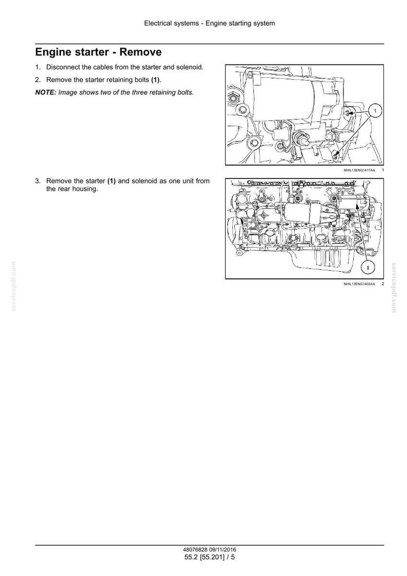 May include: Diagram of an engine starter removal procedure. The image includes detailed illustrations of the engine components, with labels and arrows pointing to specific parts. Text instructions accompany the diagrams, guiding the user through the process.