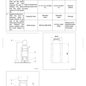May include: Technical diagram of a travel device, featuring detailed schematics and measurements. Includes illustrations of piston shoes, brake torque specifications, and dimensional data in millimeters and inches. The diagram is for inspection and remedy.