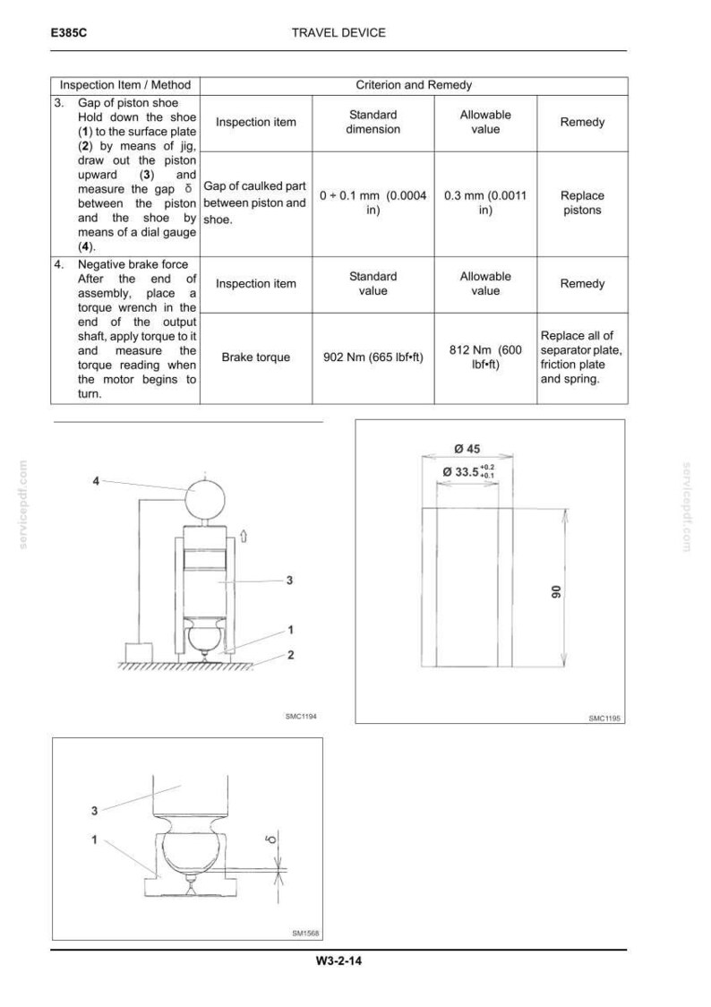 May include: Technical diagram of a travel device, featuring detailed schematics and measurements. Includes illustrations of piston shoes, brake torque specifications, and dimensional data in millimeters and inches. The diagram is for inspection and remedy.