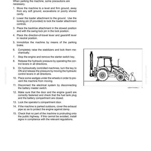 May include: Page from an operating manual titled "Parking the Machine." The text provides instructions on how to safely park the unit. A line drawing of a backhoe loader is on the right side of the page.