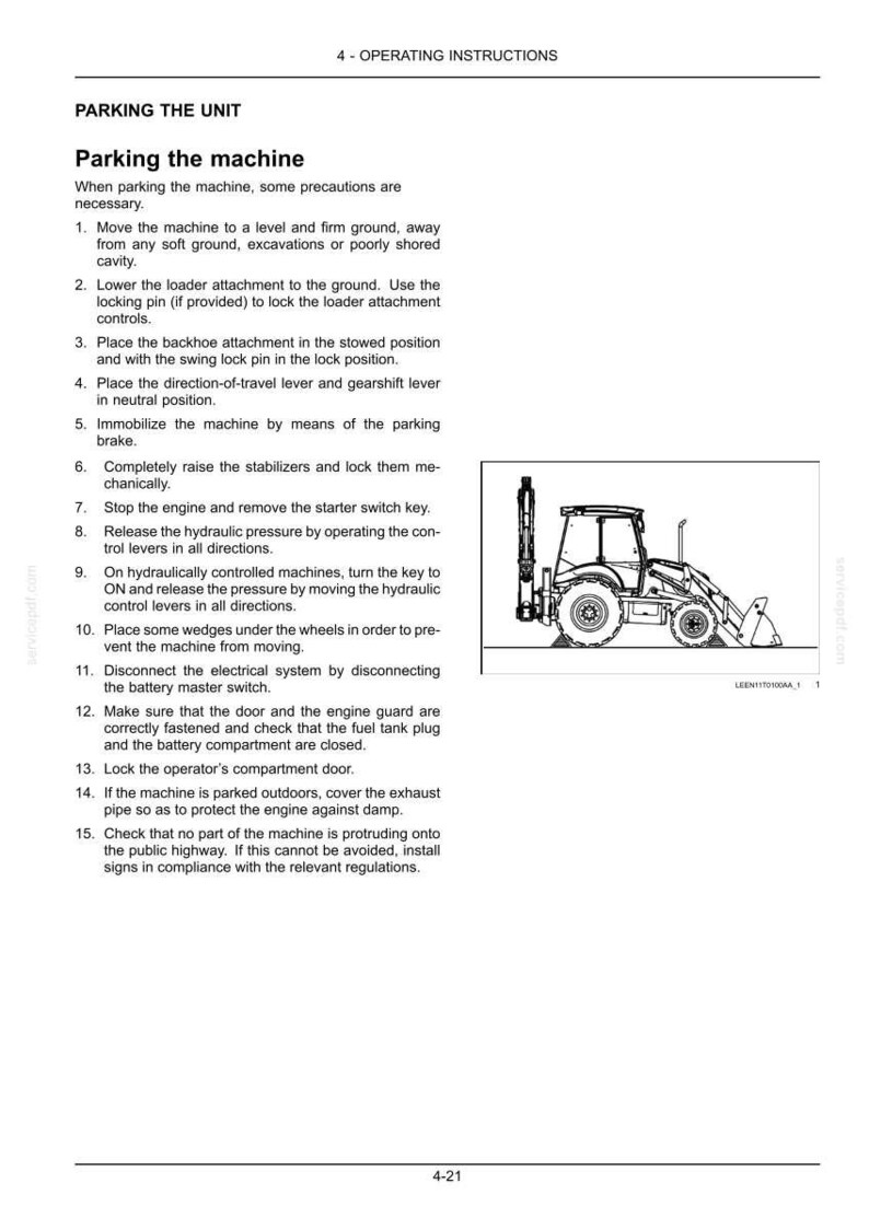 May include: Page from an operating manual titled "Parking the Machine." The text provides instructions on how to safely park the unit. A line drawing of a backhoe loader is on the right side of the page.