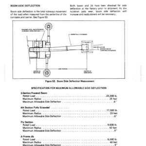 May include: Diagram of a mechanical system, labeled "DROTT CRUZ-CRANE," detailing boom side deflection. Includes a schematic of the crane and specifications for maximum allowable side deflection, with measurements in pounds and feet.