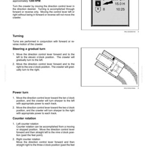 May include: An operating instructions page with diagrams and text. The page includes instructions on turning, steering, and power turns for a crawler. A display shows RPM, and other data. The text includes notes and numbered steps.