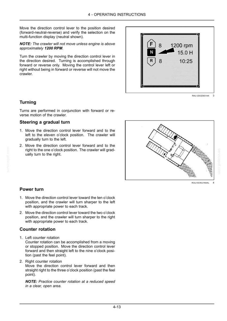 May include: An operating instructions page with diagrams and text. The page includes instructions on turning, steering, and power turns for a crawler. A display shows RPM, and other data. The text includes notes and numbered steps.