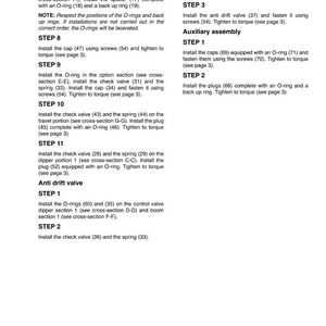 May include: A detailed technical diagram with numbered steps for assembling a mechanical component. Instructions include installing check valves, springs, O-rings, and caps, with torque specifications. The document is labeled with a part number and revision date.