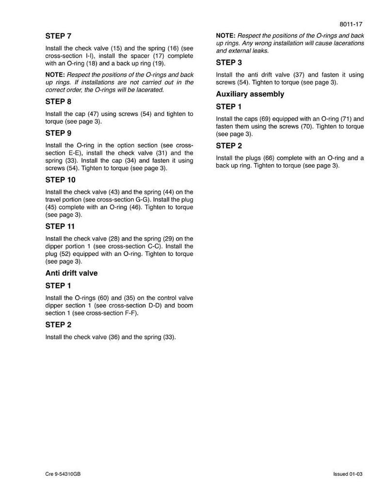 May include: A detailed technical diagram with numbered steps for assembling a mechanical component. Instructions include installing check valves, springs, O-rings, and caps, with torque specifications. The document is labeled with a part number and revision date.