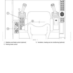 May include: A technical line drawing of a machinery operator station featuring a seat, two joysticks, and control panels. Labels identify the stabilizer and blade control, parking brake control, and ventilation, heating, and air conditioning.