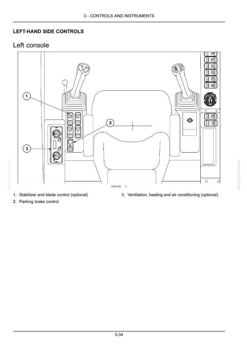May include: A technical line drawing of a machinery operator station featuring a seat, two joysticks, and control panels. Labels identify the stabilizer and blade control, parking brake control, and ventilation, heating, and air conditioning.