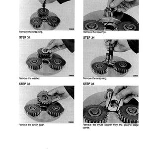 May include: A series of six black and white images from a manual, showing the disassembly of a mechanical component. The steps include removing snap rings, bearings, washers, and gears. Text labels each step.