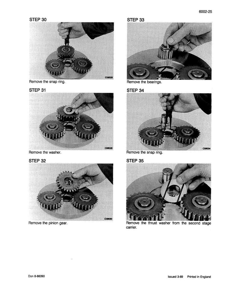 May include: A series of six black and white images from a manual, showing the disassembly of a mechanical component. The steps include removing snap rings, bearings, washers, and gears. Text labels each step.
