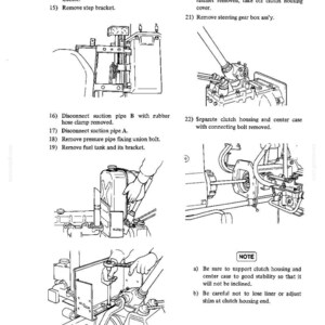 May include: Black and white line drawings illustrating tractor repair steps. The image includes diagrams of various tractor components, with numbered instructions for disassembly and maintenance. Text includes "Remove harness", "Disconnect suction pipe", and "Separate clutch housing".